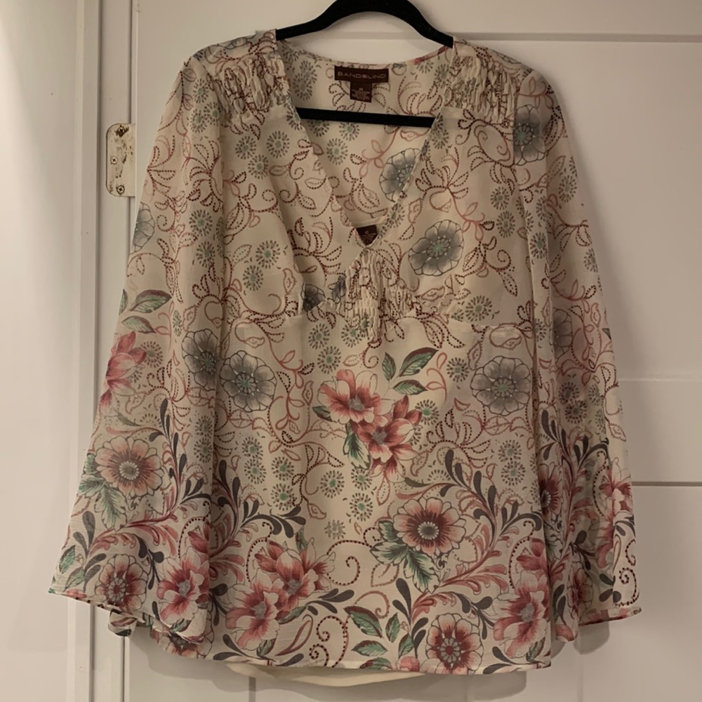 Long sleeve shear top with attached camisole Sz10 by Bandoleno.